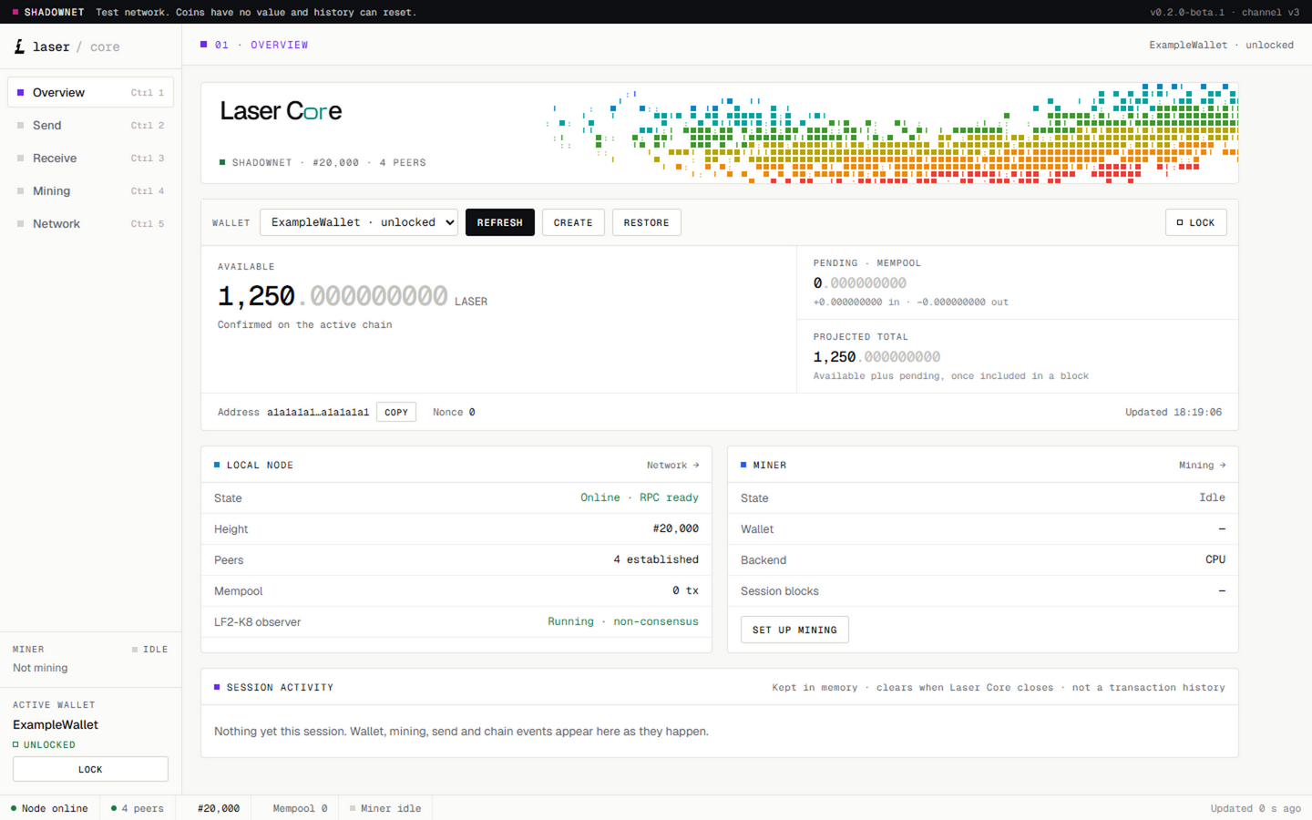 Laser Core desktop app showing a wallet balance, node status, and mining controls with example Shadownet data.